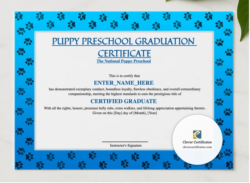 Puppy Preschool Graduation Certificate presented in a sleek wooden frame, elegantly arranged on a stylish table.