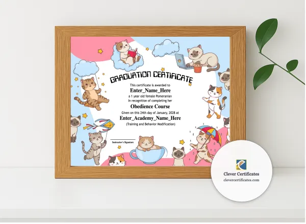 Realistic mockup featuring Kitten Preschool Graduation Certificate displayed within a modern frame, set against a minimalistic background.