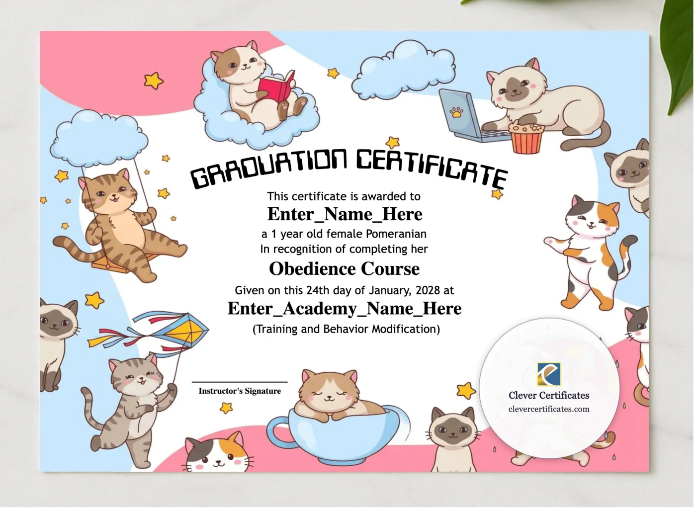 Kitten Preschool Graduation Certificate presented in a sleek wooden frame, elegantly arranged on a stylish table.