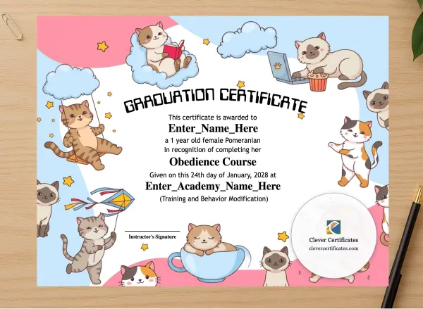Professional preview of Kitten Preschool Graduation Certificate certificate on high-quality stationery paper, ideal for showcasing the final look.