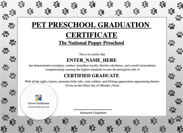 Free Pet Preschool Graduation Certificate Template