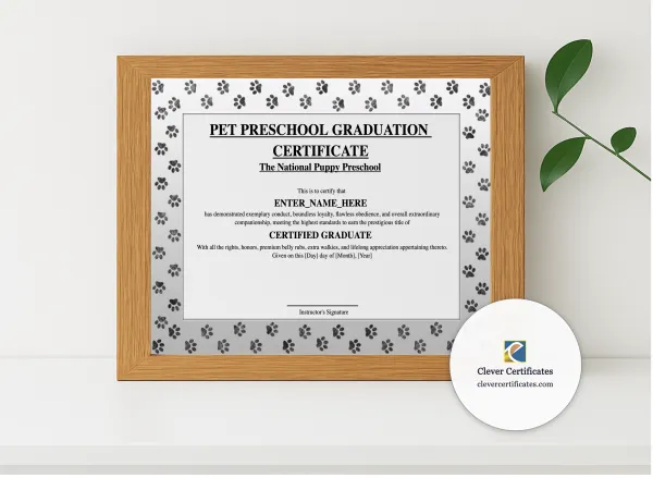 Realistic mockup featuring Pet Preschool Graduation Certificate displayed within a modern frame, set against a minimalistic background.