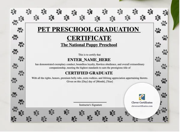 Pet Preschool Graduation Certificate presented in a sleek wooden frame, elegantly arranged on a stylish table.