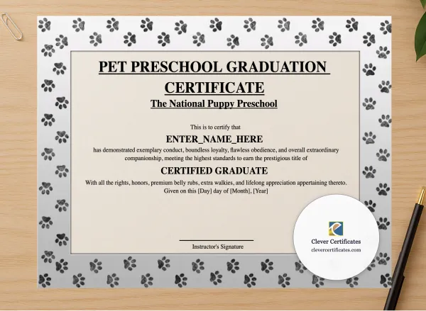 Professional preview of Pet Preschool Graduation Certificate certificate on high-quality stationery paper, ideal for showcasing the final look.