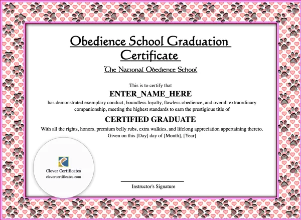 Free Obedience School Graduation Certificate Template