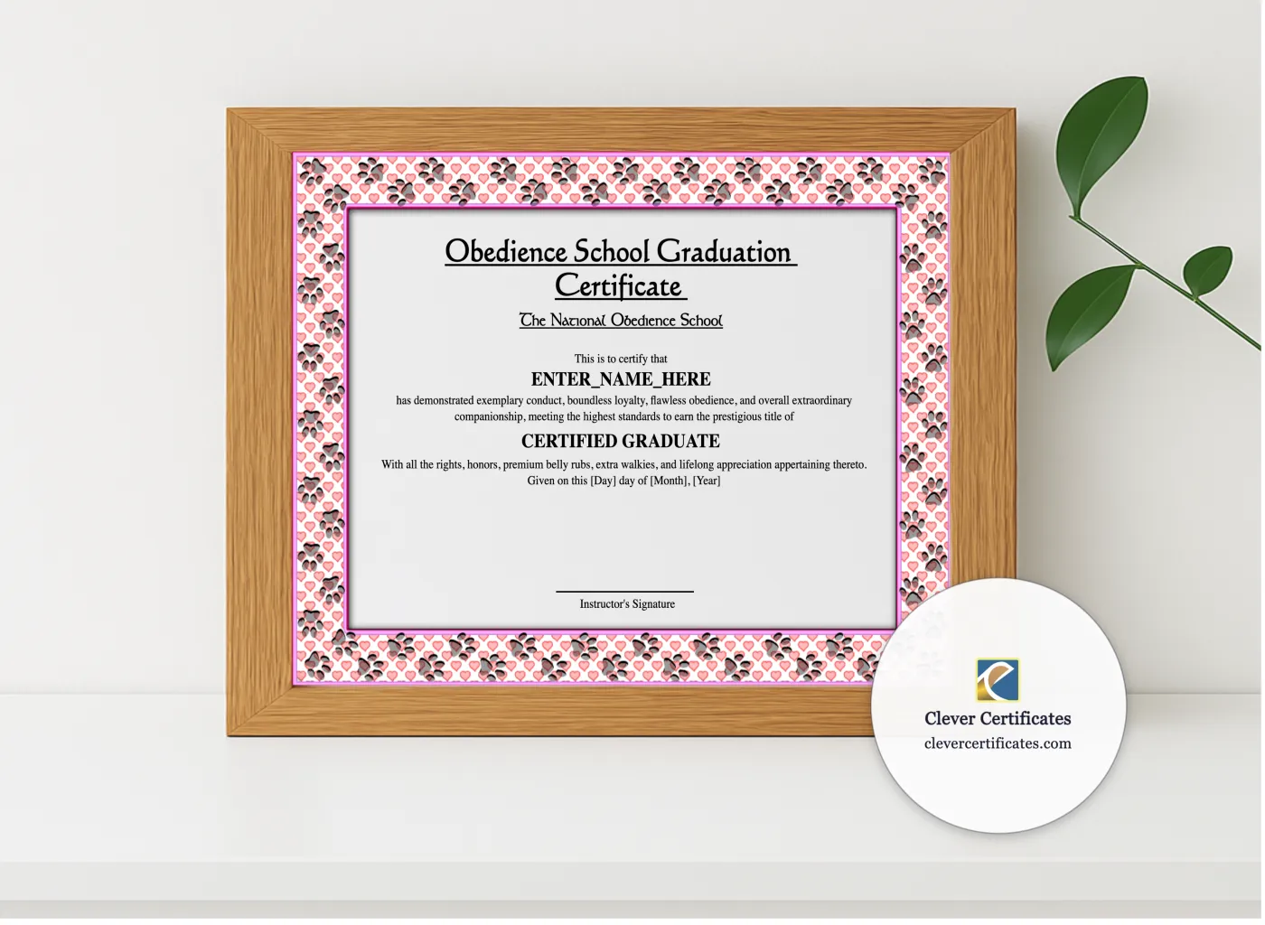 Realistic mockup featuring Obedience School Graduation Certificate displayed within a modern frame, set against a minimalistic background.