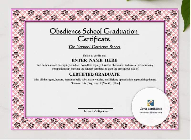 Obedience School Graduation Certificate presented in a sleek wooden frame, elegantly arranged on a stylish table.