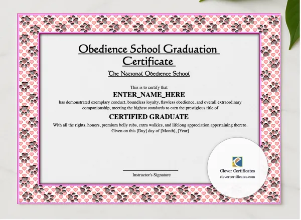 Obedience School Graduation Certificate presented in a sleek wooden frame, elegantly arranged on a stylish table.