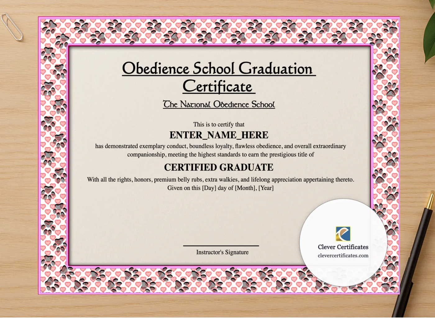 Professional preview of Obedience School Graduation Certificate certificate on high-quality stationery paper, ideal for showcasing the final look.