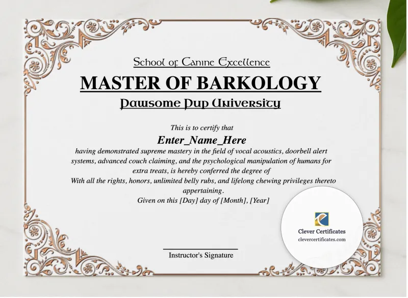 Master Of Barkology presented in a sleek wooden frame, elegantly arranged on a stylish table.