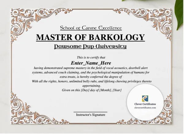 Master Of Barkology presented in a sleek wooden frame, elegantly arranged on a stylish table.