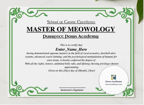 Master Of Meowology presented in a sleek wooden frame, elegantly arranged on a stylish table.