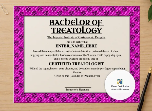 Professional preview of Bachelor Of Treatology certificate on high-quality stationery paper, ideal for showcasing the final look.