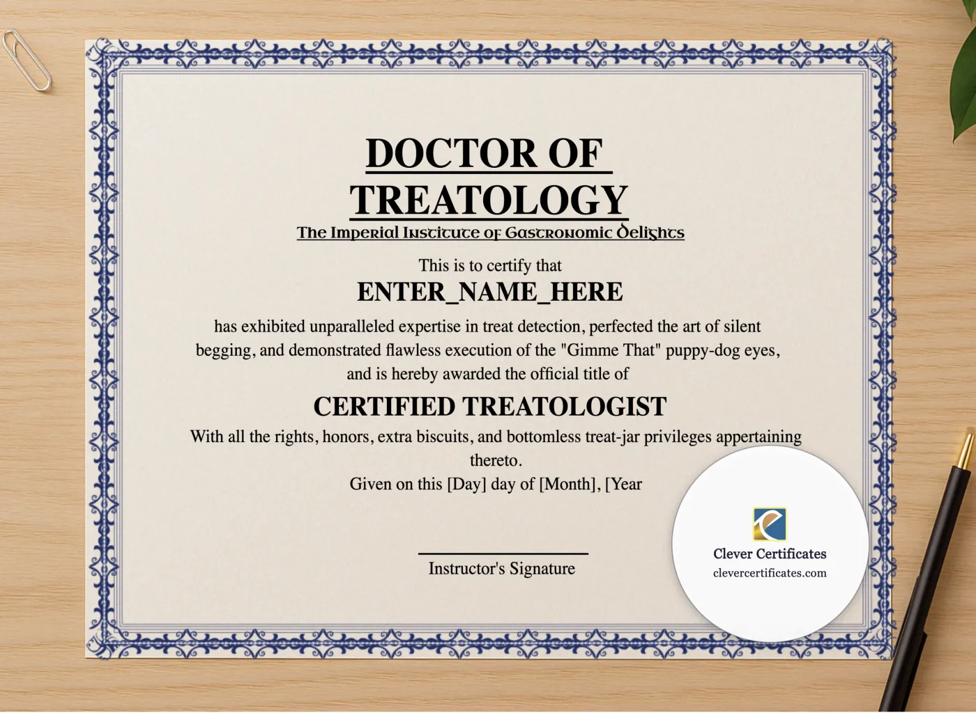 Professional preview of Doctor Of Treatology certificate on high-quality stationery paper, ideal for showcasing the final look.
