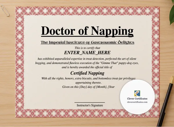 Professional preview of Doctor Of Napping certificate on high-quality stationery paper, ideal for showcasing the final look.