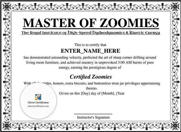 Free Master of Zoomies Certificate Template