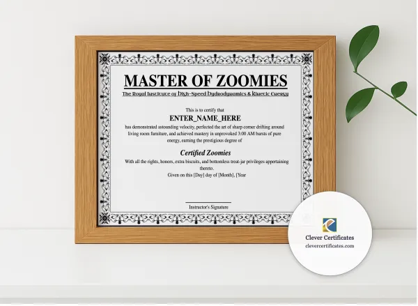 Realistic mockup featuring Master Of Zoomies displayed within a modern frame, set against a minimalistic background.