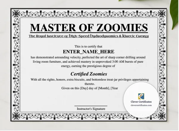 Master Of Zoomies presented in a sleek wooden frame, elegantly arranged on a stylish table.