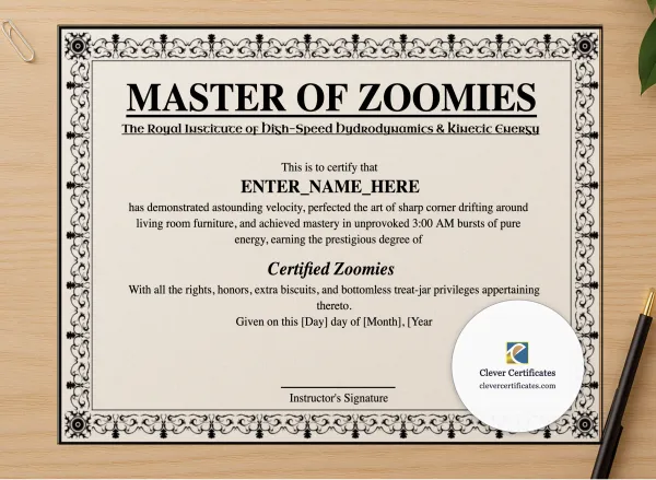 Professional preview of Master Of Zoomies certificate on high-quality stationery paper, ideal for showcasing the final look.