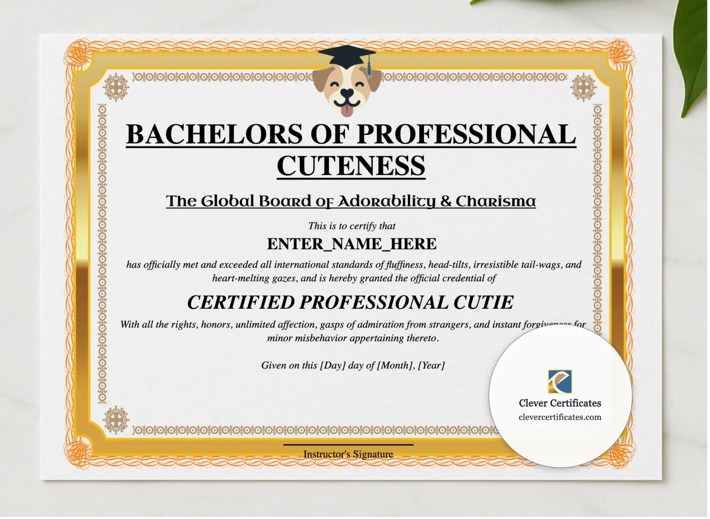 Bachelor Of Cuteness presented in a sleek wooden frame, elegantly arranged on a stylish table.