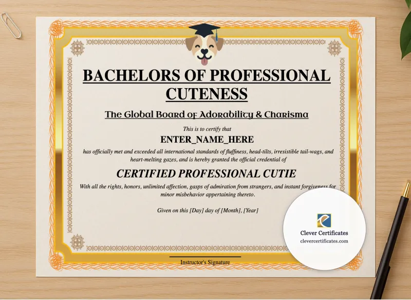 Professional preview of Bachelor Of Cuteness certificate on high-quality stationery paper, ideal for showcasing the final look.