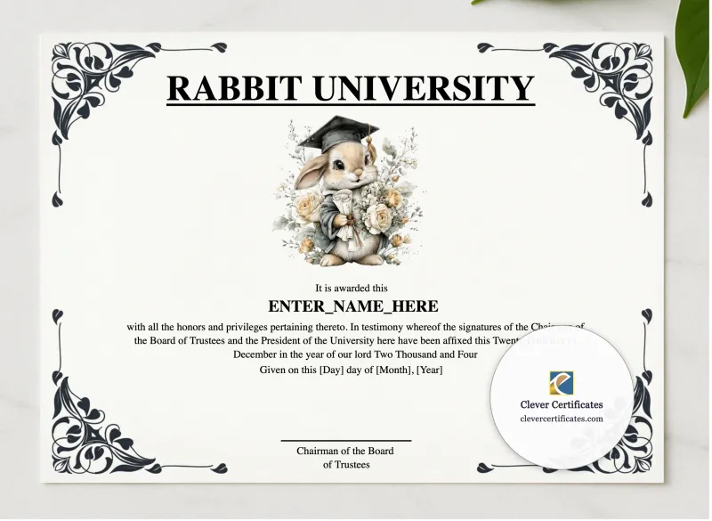 Rabbit University presented in a sleek wooden frame, elegantly arranged on a stylish table.