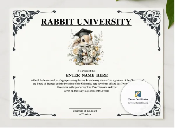 Rabbit University presented in a sleek wooden frame, elegantly arranged on a stylish table.