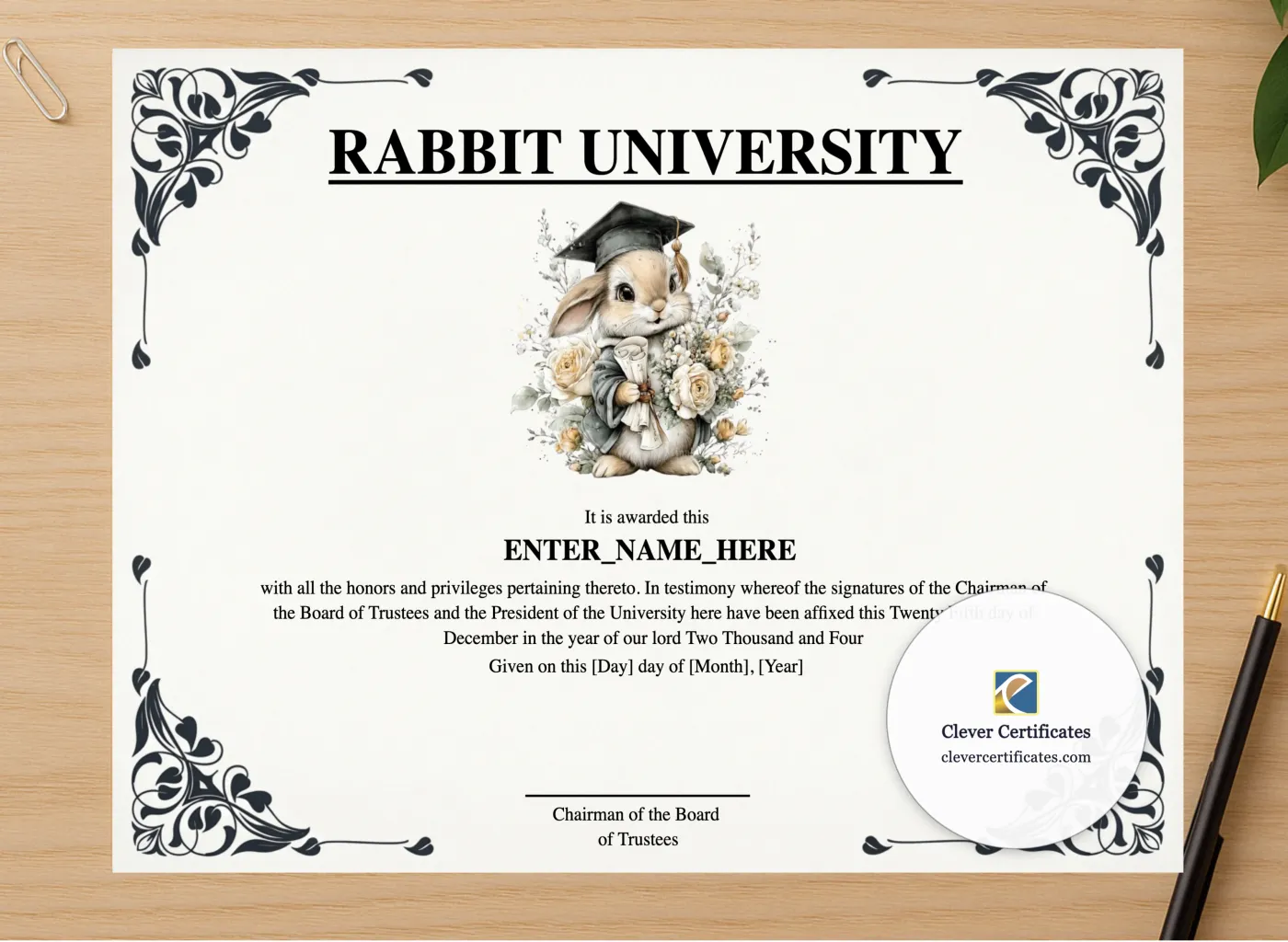 Professional preview of Rabbit University certificate on high-quality stationery paper, ideal for showcasing the final look.