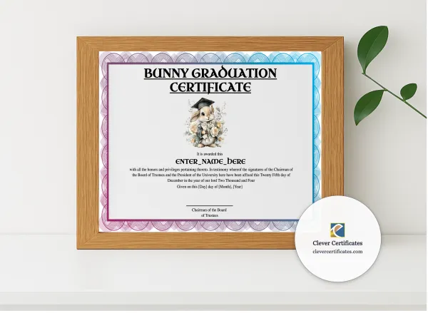 Realistic mockup featuring Bunny Graduation Certificate displayed within a modern frame, set against a minimalistic background.