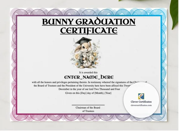 Bunny Graduation Certificate presented in a sleek wooden frame, elegantly arranged on a stylish table.