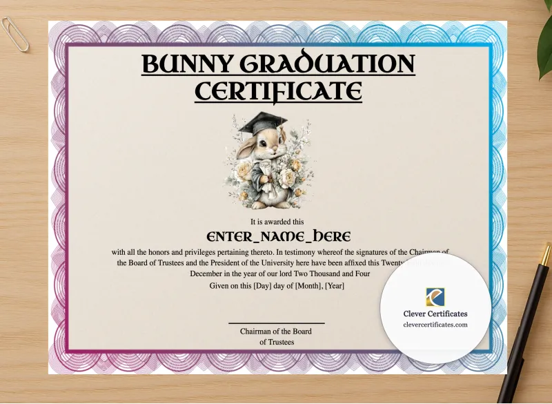 Professional preview of Bunny Graduation Certificate certificate on high-quality stationery paper, ideal for showcasing the final look.