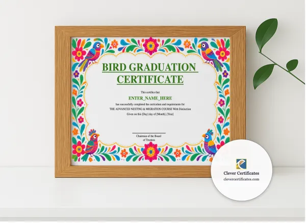 Realistic mockup featuring Bird Graduation Certificate displayed within a modern frame, set against a minimalistic background.
