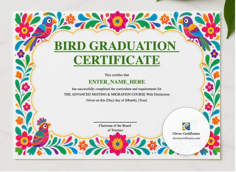 Bird Graduation Certificate presented in a sleek wooden frame, elegantly arranged on a stylish table.