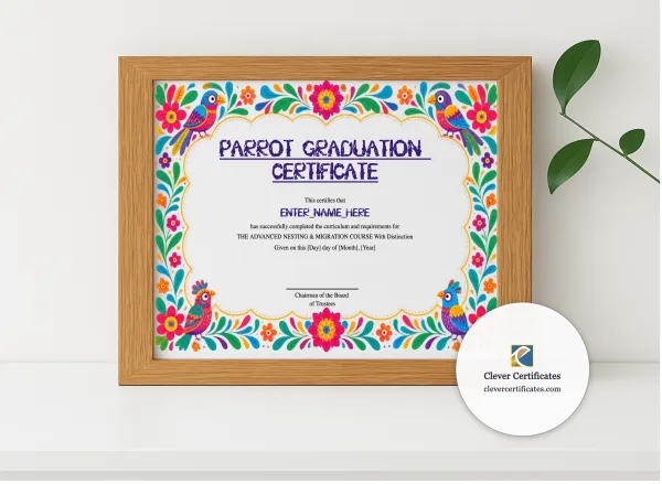 Realistic mockup featuring Parrot Graduation Certificate displayed within a modern frame, set against a minimalistic background.