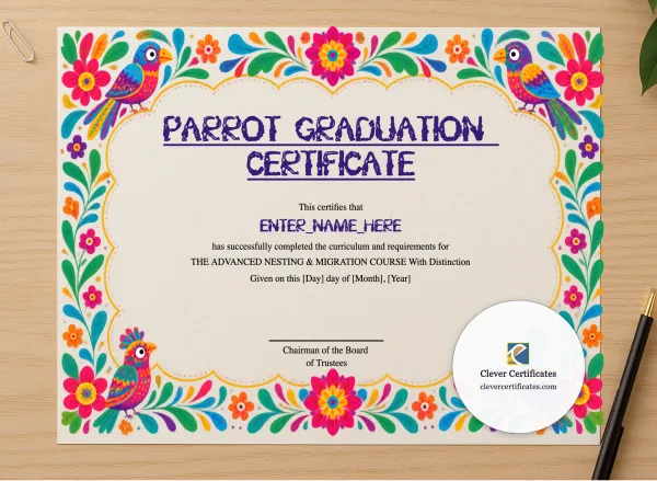 Professional preview of Parrot Graduation Certificate certificate on high-quality stationery paper, ideal for showcasing the final look.