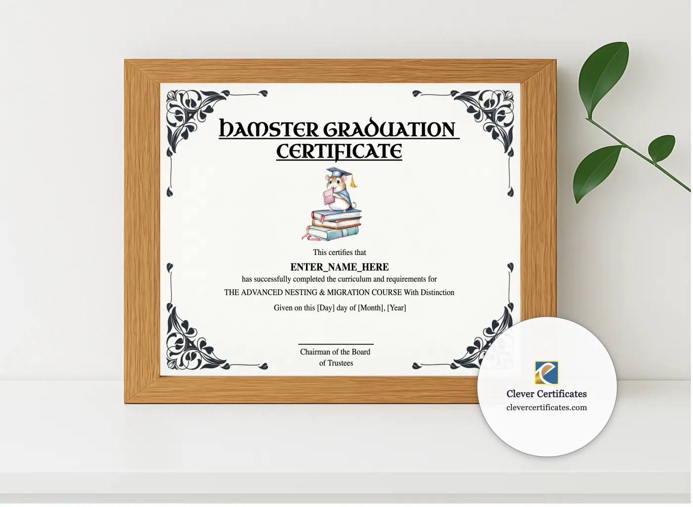Realistic mockup featuring Hamster Graduation Certificate displayed within a modern frame, set against a minimalistic background.