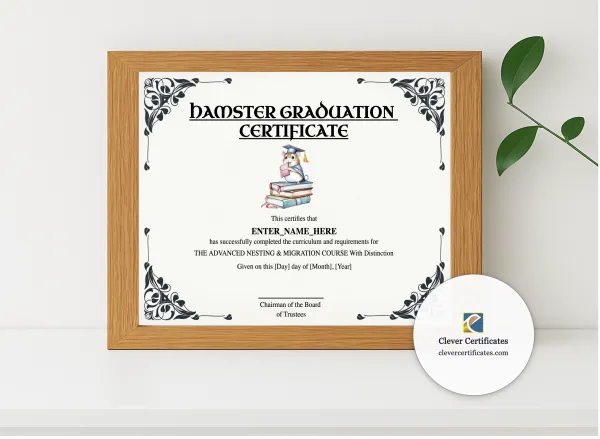 Realistic mockup featuring Hamster Graduation Certificate displayed within a modern frame, set against a minimalistic background.