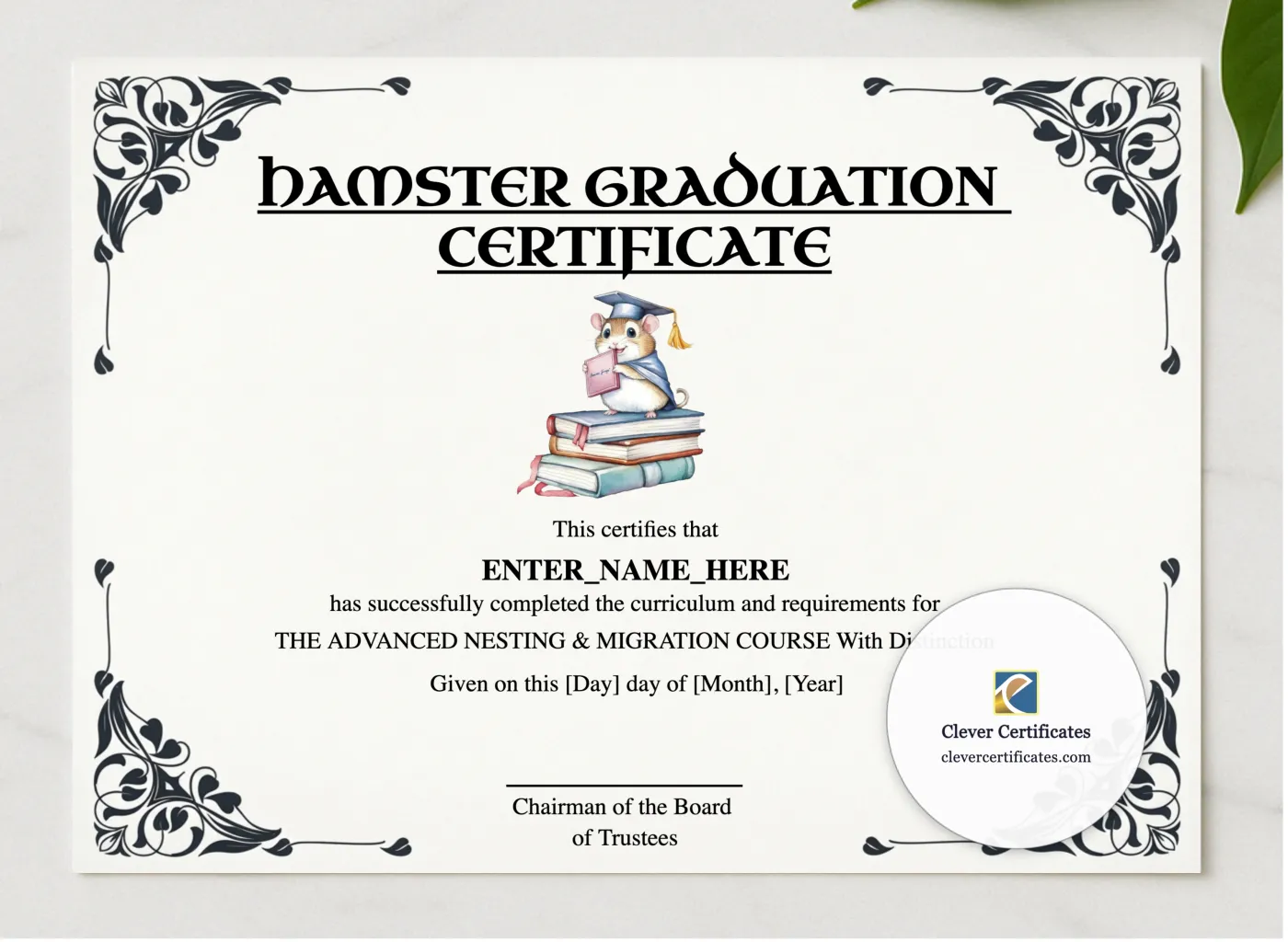 Hamster Graduation Certificate presented in a sleek wooden frame, elegantly arranged on a stylish table.