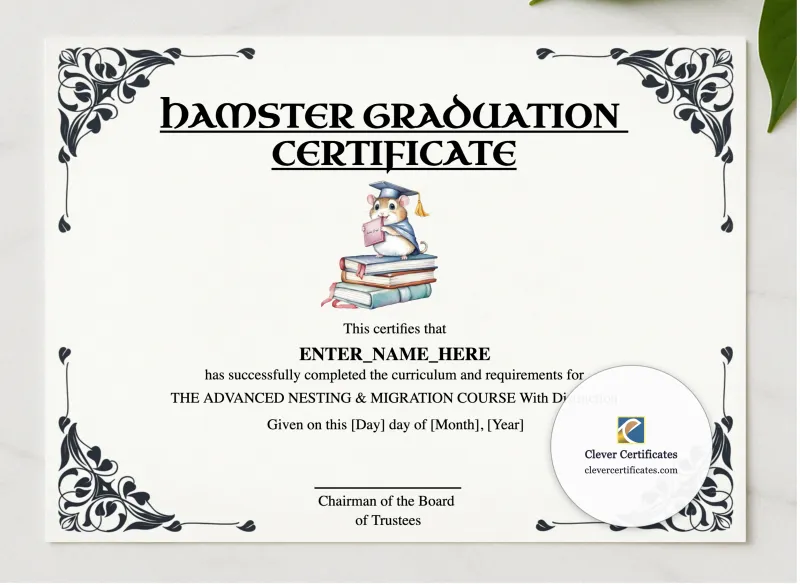 Hamster Graduation Certificate presented in a sleek wooden frame, elegantly arranged on a stylish table.