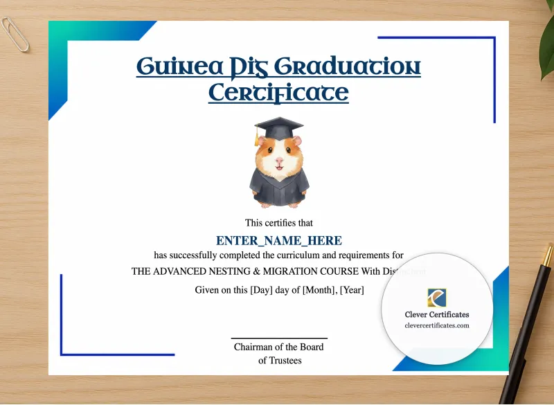 Professional preview of Guinea Pig Graduation Certificate certificate on high-quality stationery paper, ideal for showcasing the final look.