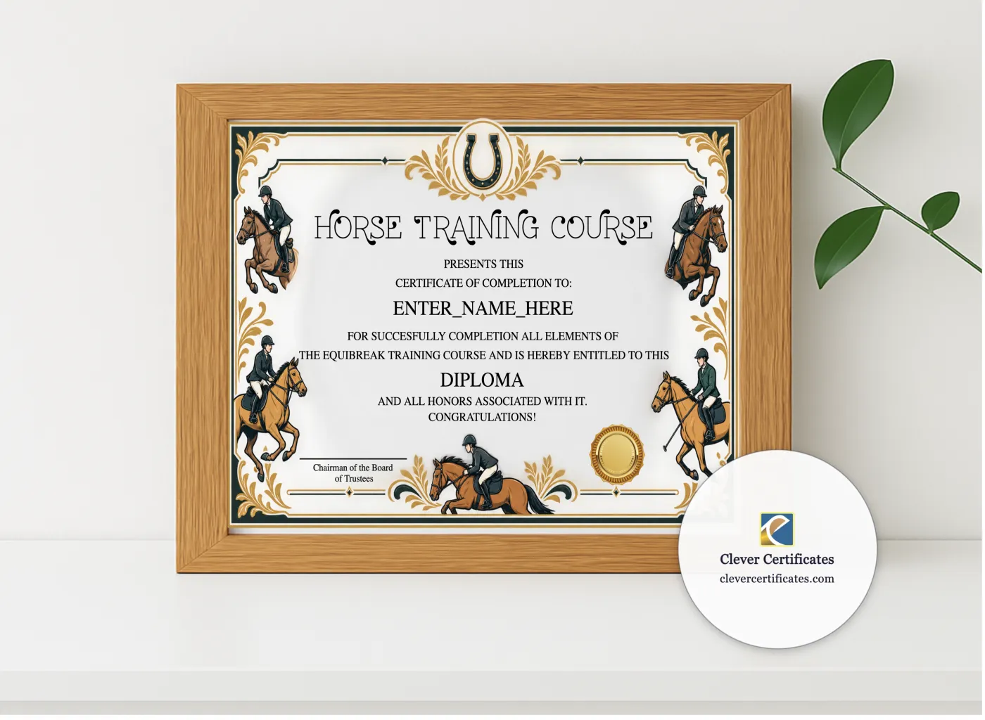 Realistic mockup featuring Horse Graduation Certificate displayed within a modern frame, set against a minimalistic background.