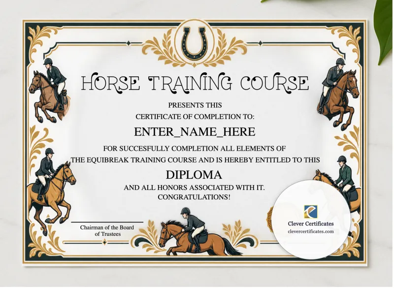 Horse Graduation Certificate presented in a sleek wooden frame, elegantly arranged on a stylish table.