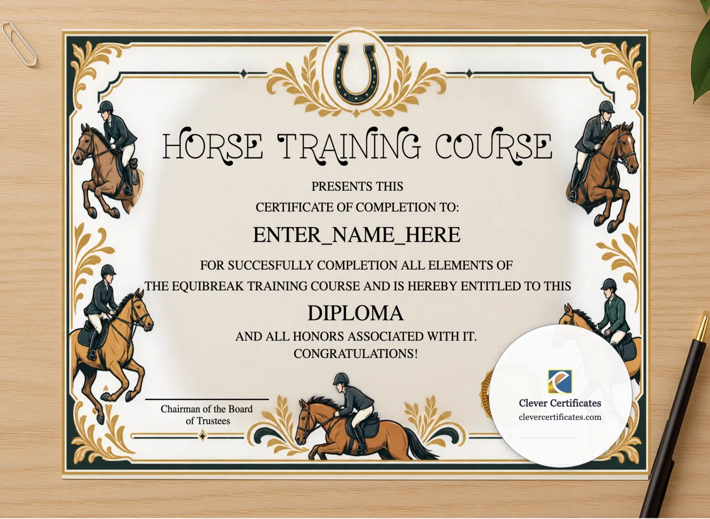 Professional preview of Horse Graduation Certificate certificate on high-quality stationery paper, ideal for showcasing the final look.