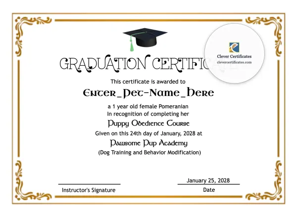 Free Pet Graduation Certificate Template — Landscape