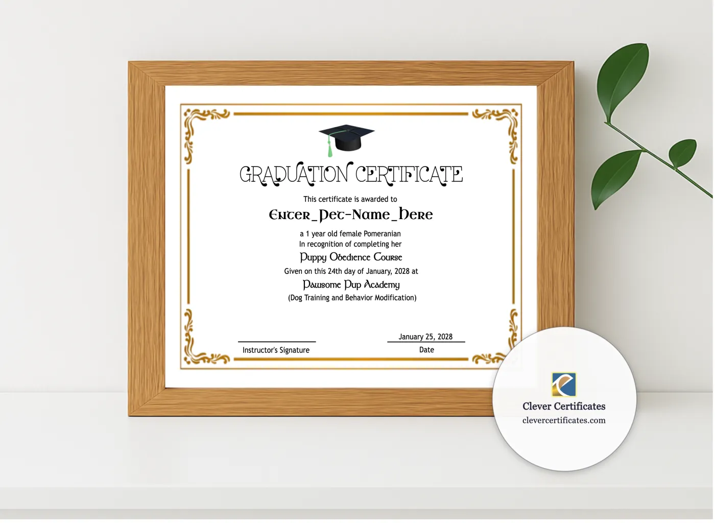Realistic mockup featuring Pet Graduation Certificate displayed within a modern frame, set against a minimalistic background.