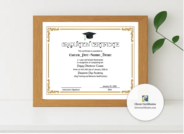 Realistic mockup featuring Pet Graduation Certificate displayed within a modern frame, set against a minimalistic background.