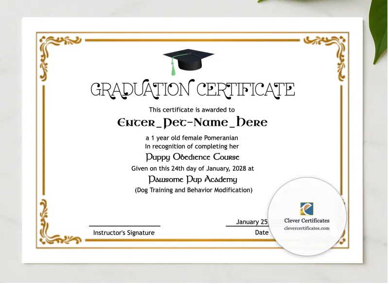 Pet Graduation Certificate presented in a sleek wooden frame, elegantly arranged on a stylish table.