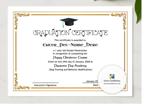 Pet Graduation Certificate presented in a sleek wooden frame, elegantly arranged on a stylish table.
