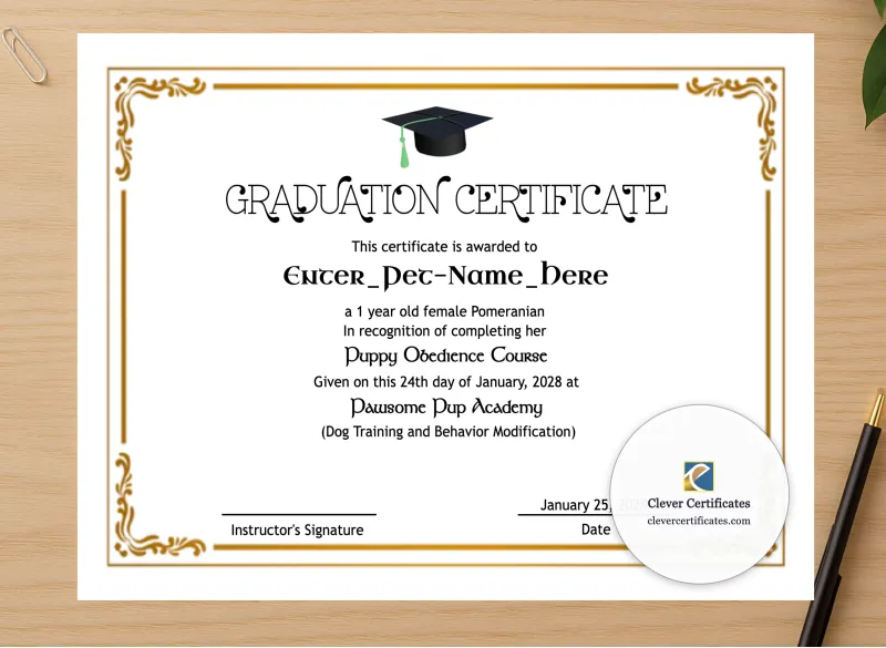 Professional preview of Pet Graduation Certificate certificate on high-quality stationery paper, ideal for showcasing the final look.