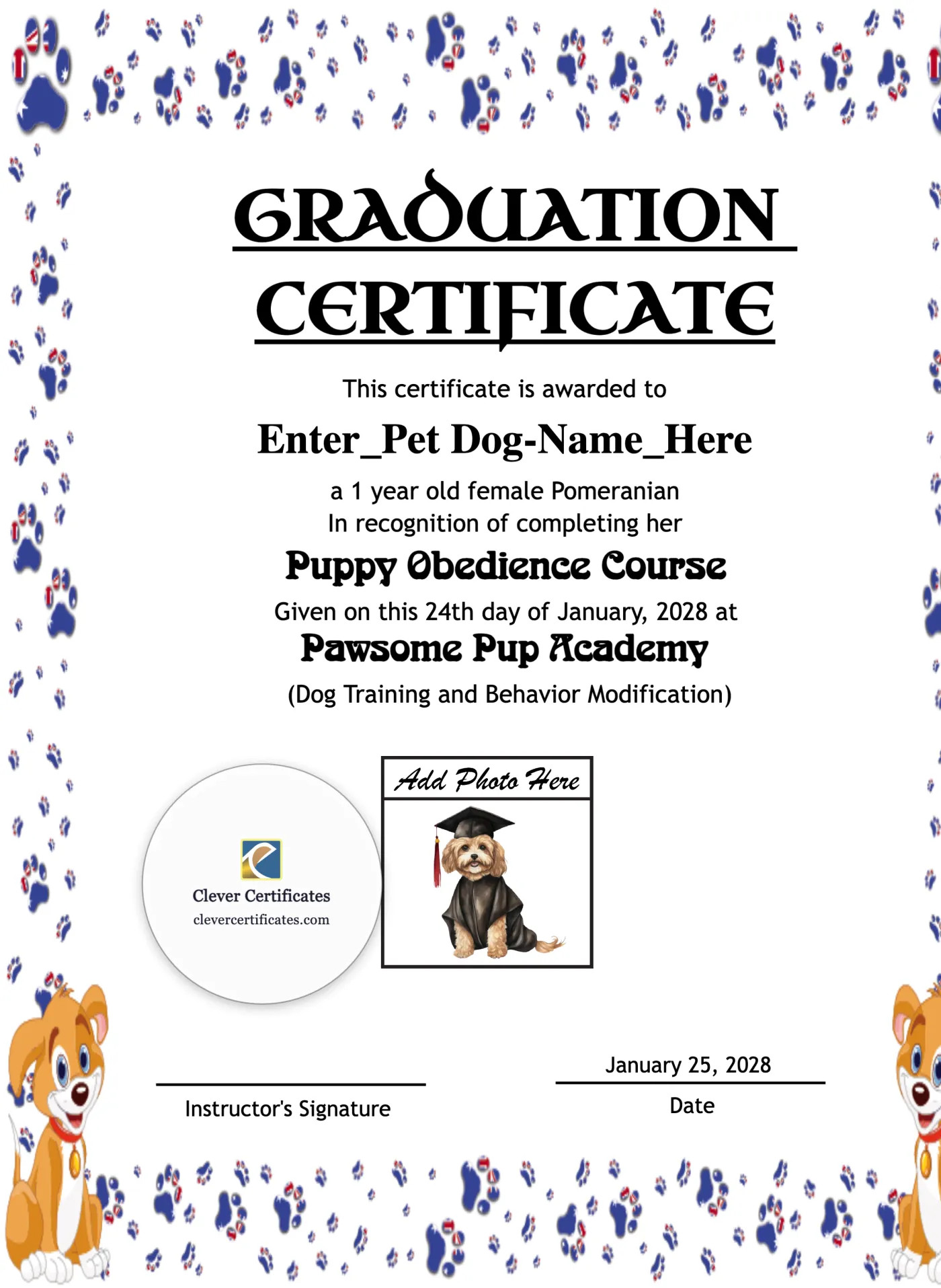 Dog Graduation Certificate Portrait — Certificate Template Preview